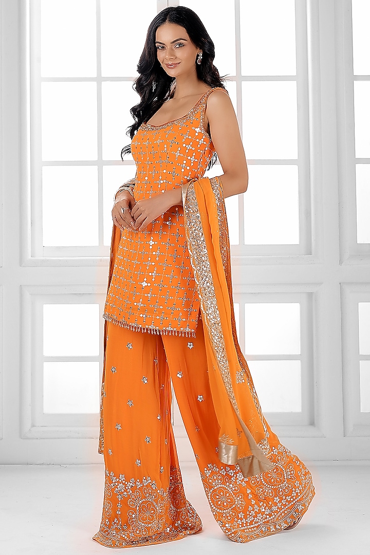 Orange Georgette Cutdana Embellished Party Wear Sharara Set by AJAY & PRIYANKA at Pernia's Pop Up Shop
