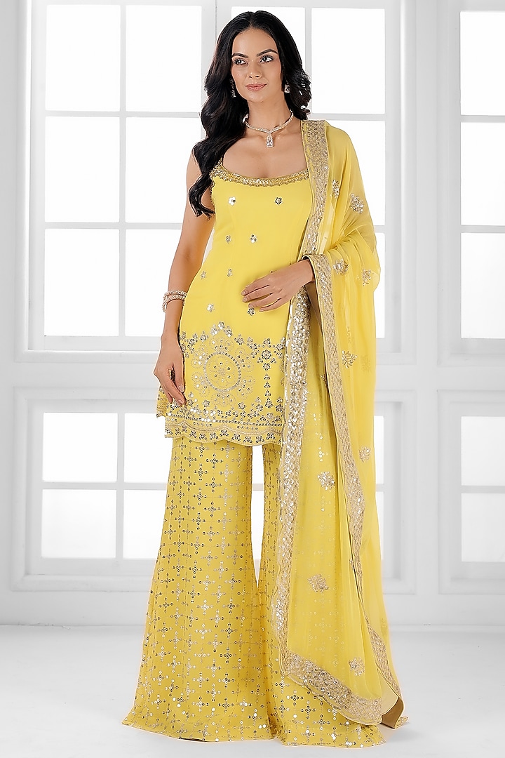 Lemon Yellow Georgette Cutdana Embellished Party Wear Sharara Set by AJAY & PRIYANKA at Pernia's Pop Up Shop