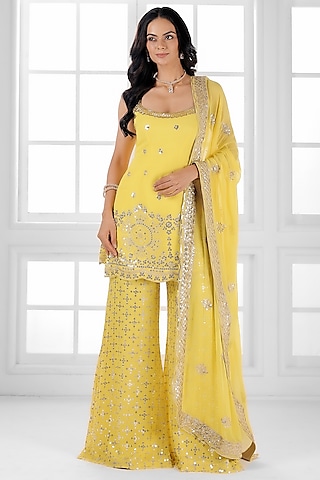 Lemon Yellow Georgette Cutdana Embellished Sharara Set by AJAY & PRIYANKA