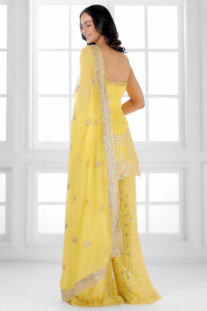 Lemon Yellow Georgette Cutdana Embellished Party Wear Sharara Set by AJAY & PRIYANKA at Pernia's Pop Up Shop