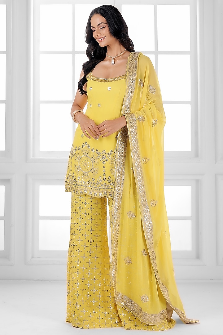 Lemon Yellow Georgette Cutdana Embellished Party Wear Sharara Set by AJAY & PRIYANKA at Pernia's Pop Up Shop