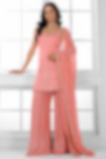 Carrot Pink Georgette Cutdana Embellished Party Wear Sharara Set by AJAY & PRIYANKA at Pernia's Pop Up Shop