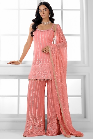 Carrot Pink Georgette Cutdana Embellished Sharara Set by AJAY & PRIYANKA