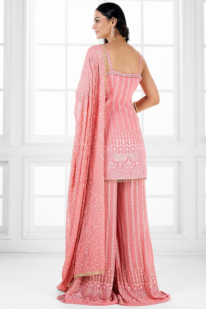 Carrot Pink Georgette Cutdana Embellished Party Wear Sharara Set by AJAY & PRIYANKA at Pernia's Pop Up Shop
