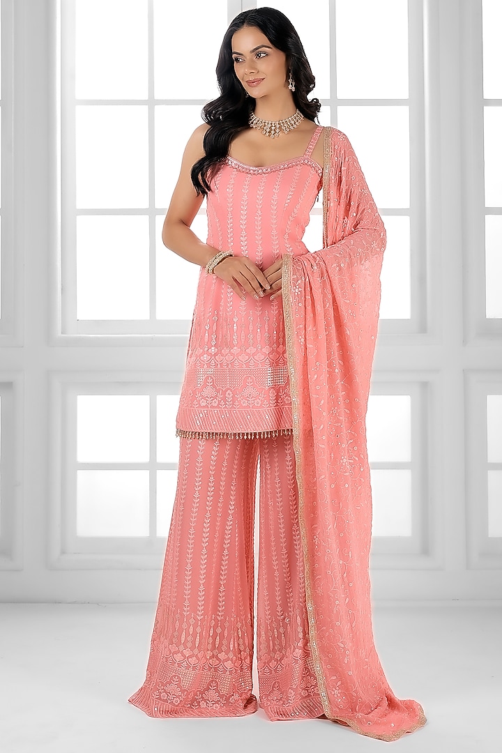 Carrot Pink Georgette Cutdana Embellished Party Wear Sharara Set by AJAY & PRIYANKA at Pernia's Pop Up Shop