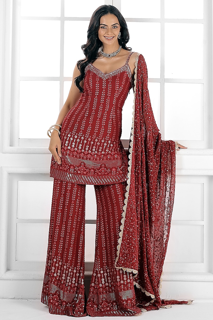 Marron Georgette Cutdana Embellished Party Wear Sharara Set by AJAY & PRIYANKA at Pernia's Pop Up Shop