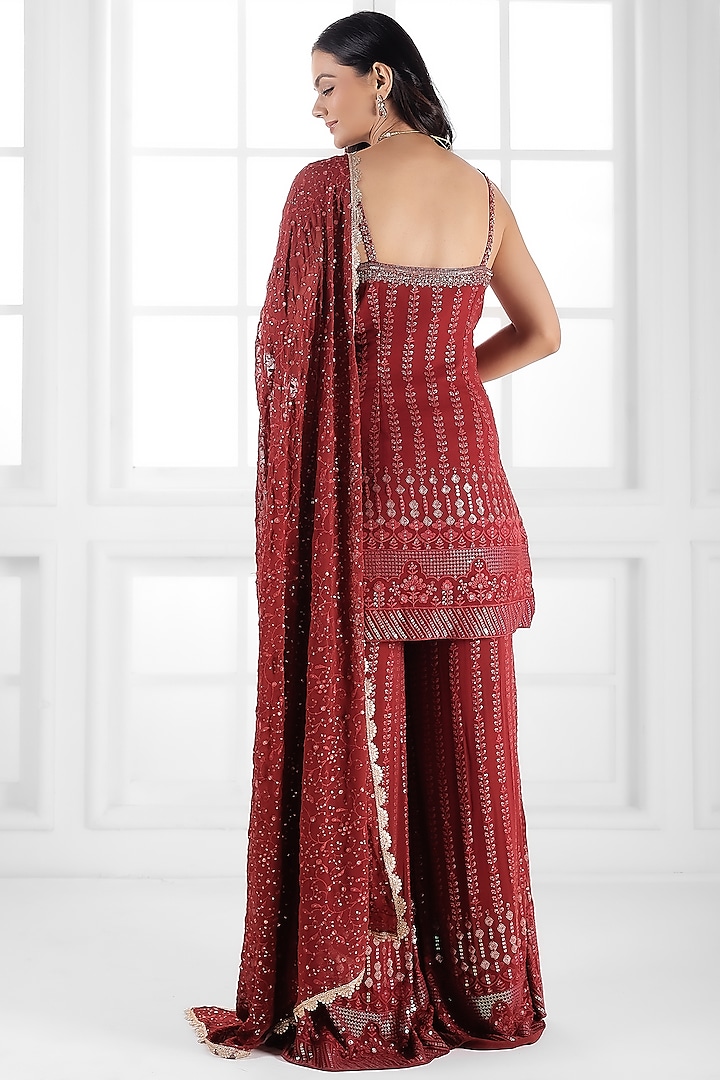 Marron Georgette Cutdana Embellished Party Wear Sharara Set by AJAY & PRIYANKA at Pernia's Pop Up Shop