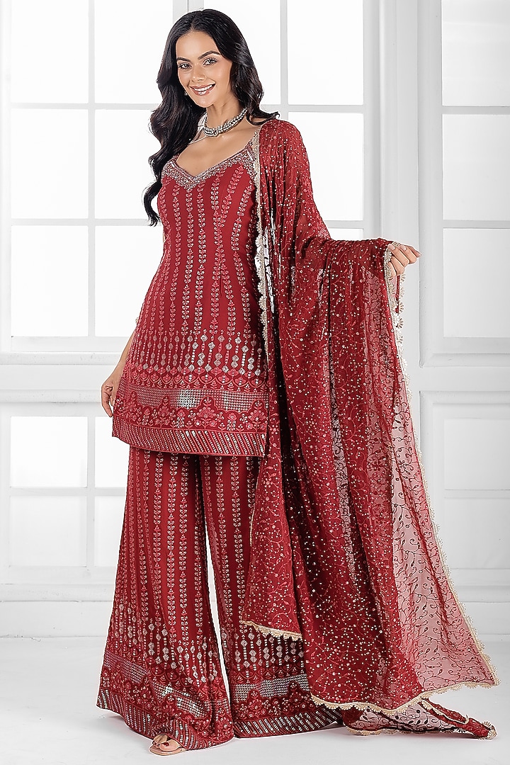 Marron Georgette Cutdana Embellished Party Wear Sharara Set by AJAY & PRIYANKA at Pernia's Pop Up Shop