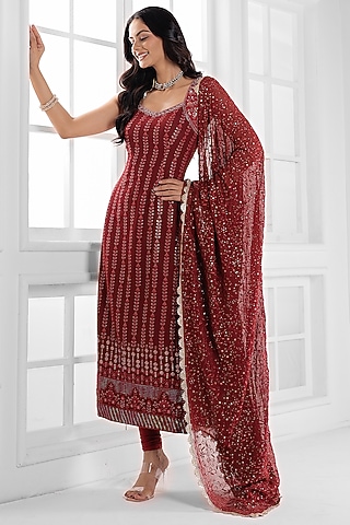 Marron Georgette Cutdana Embellished Kurta Set by AJAY & PRIYANKA