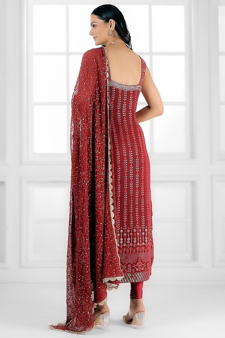 Marron Georgette Cutdana Embellished Kurta Set by AJAY & PRIYANKA at Pernia's Pop Up Shop
