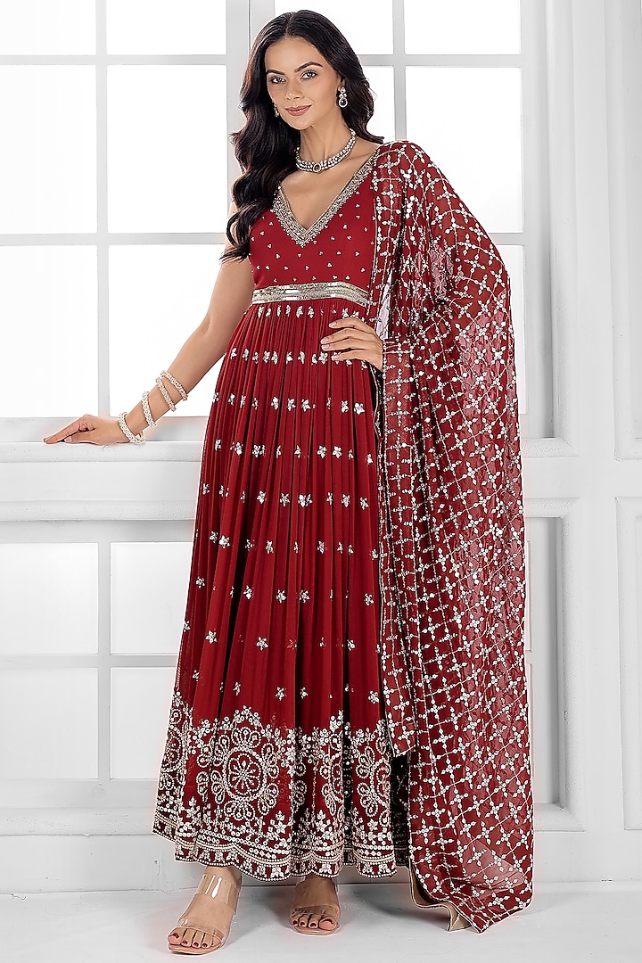 Marron Georgette Cutdana Embellished Party Wear Anarkali Set by AJAY & PRIYANKA at Pernia's Pop Up Shop