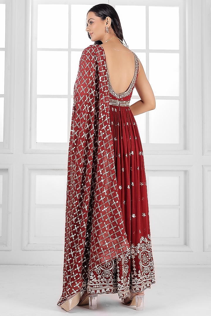 Marron Georgette Cutdana Embellished Party Wear Anarkali Set by AJAY & PRIYANKA at Pernia's Pop Up Shop