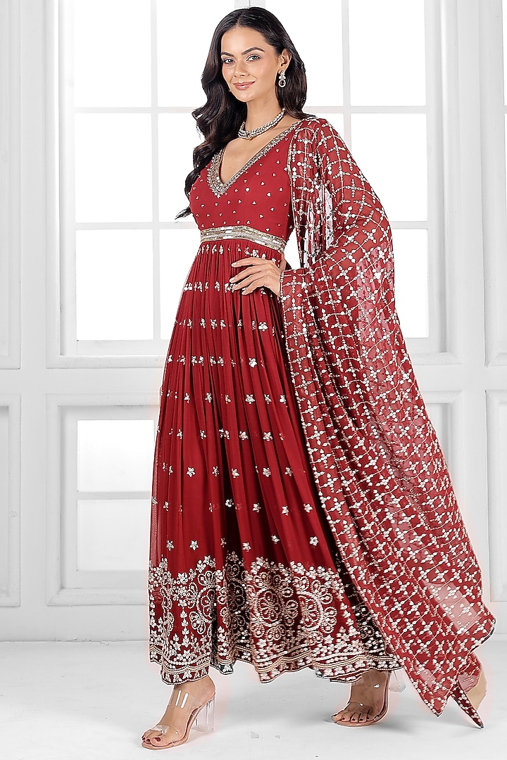 Marron Georgette Cutdana Embellished Party Wear Anarkali Set by AJAY & PRIYANKA at Pernia's Pop Up Shop