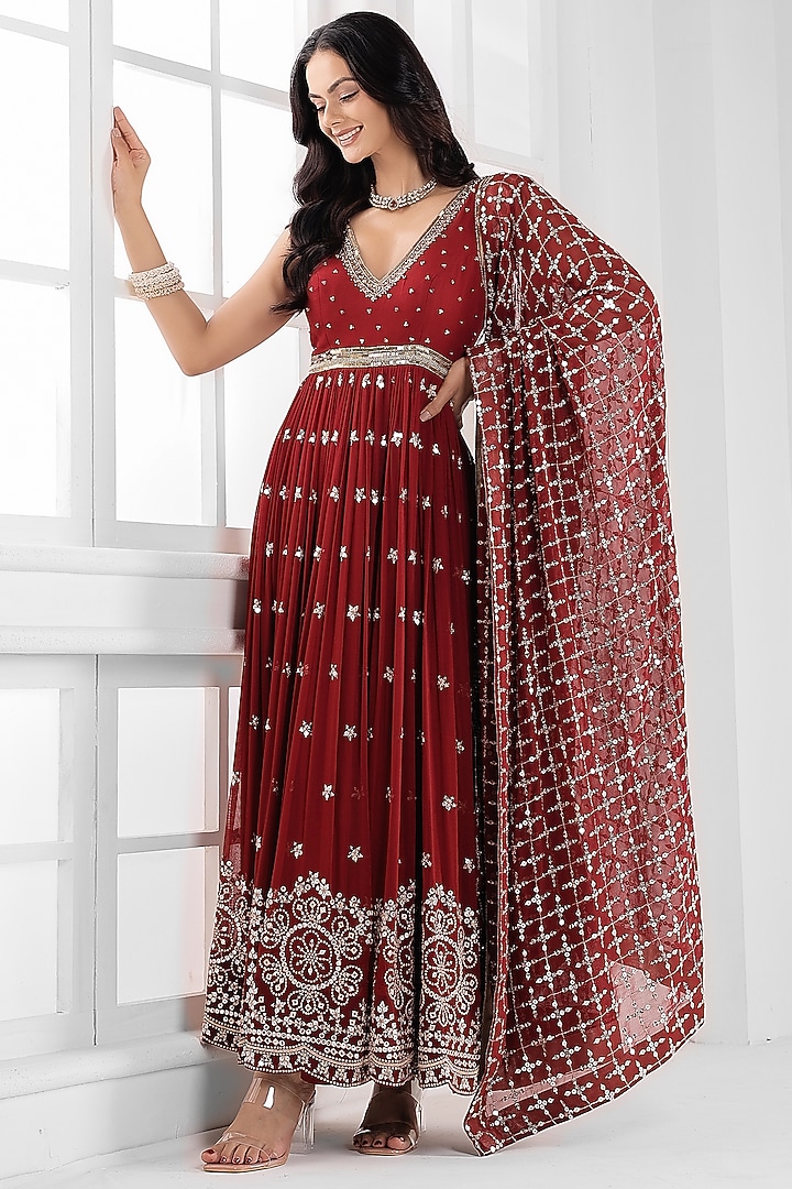 Marron Georgette Cutdana Embellished Party Wear Anarkali Set by AJAY & PRIYANKA at Pernia's Pop Up Shop