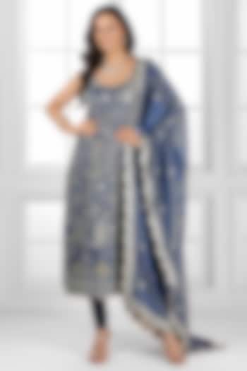 Carbon Blue Tissue Silk Cutdana Embellished Kurta Set by AJAY & PRIYANKA at Pernia's Pop Up Shop