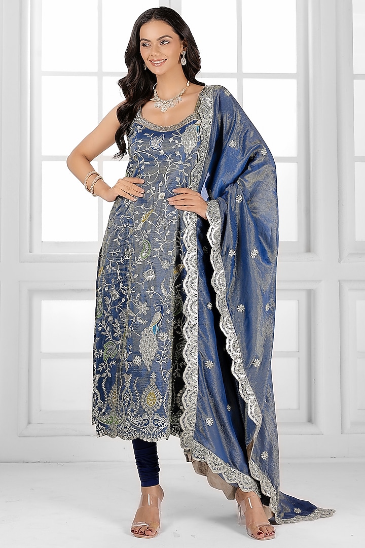 Carbon Blue Tissue Silk Cutdana Embellished Kurta Set by AJAY & PRIYANKA at Pernia's Pop Up Shop
