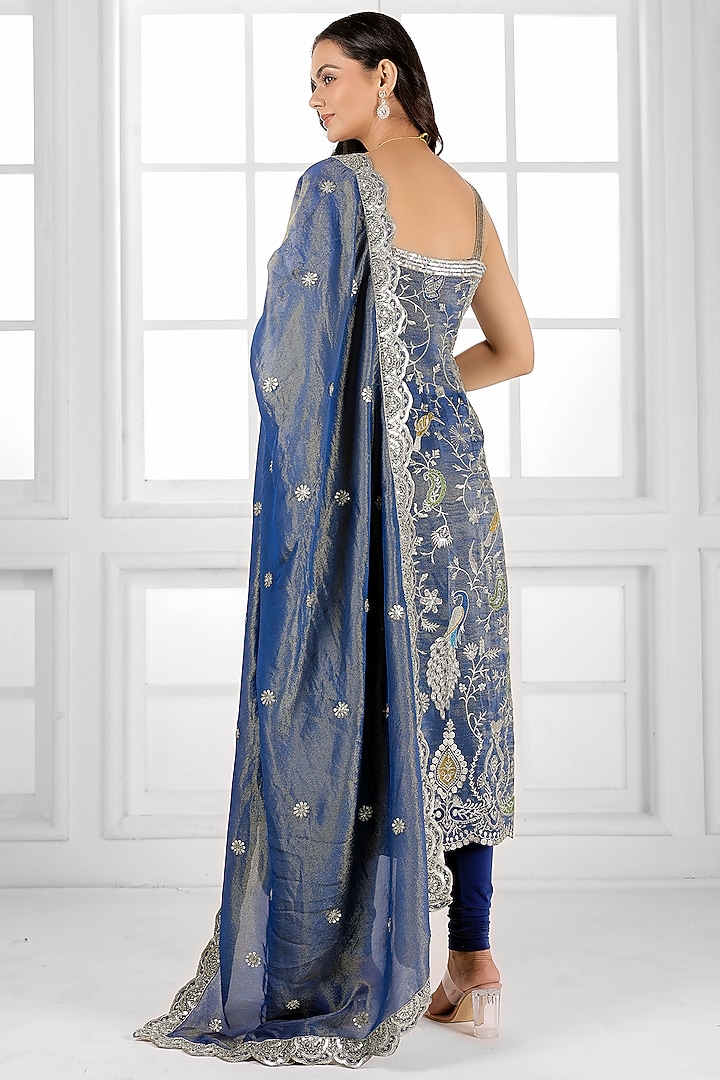 Carbon Blue Tissue Silk Cutdana Embellished Kurta Set by AJAY & PRIYANKA at Pernia's Pop Up Shop