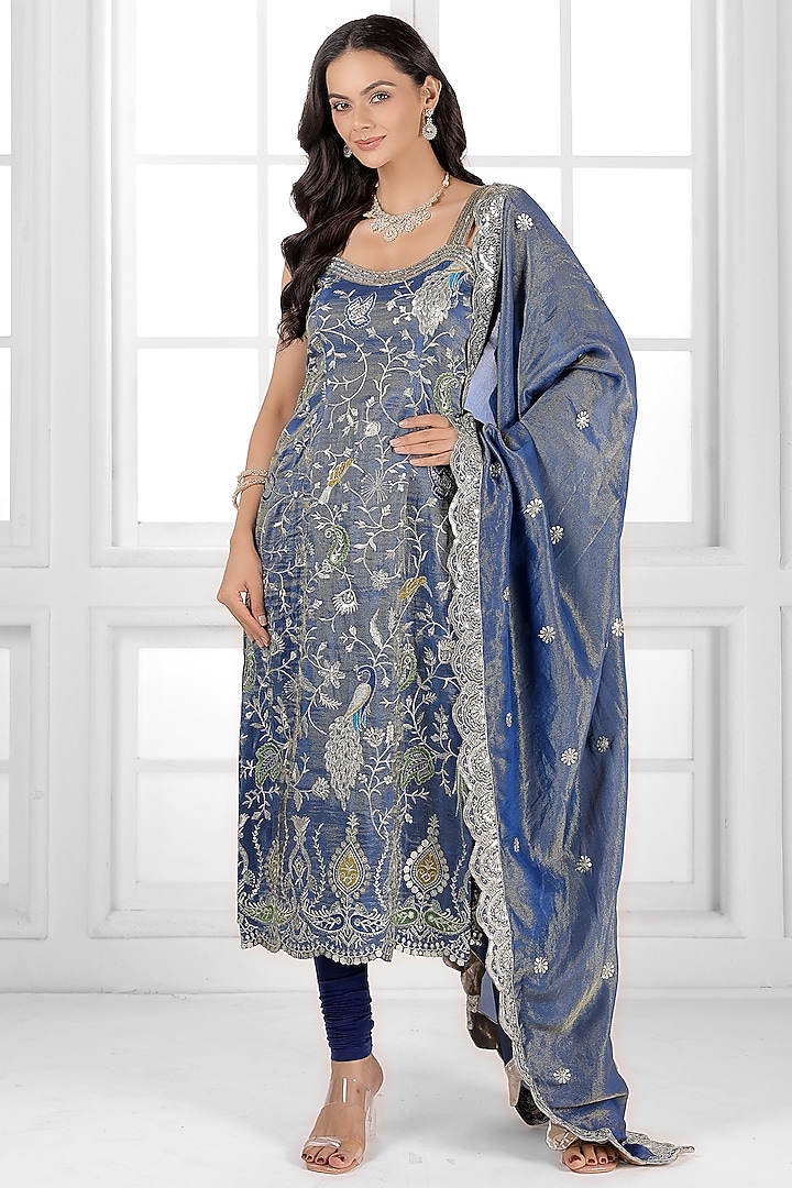 Carbon Blue Tissue Silk Cutdana Embellished Kurta Set by AJAY & PRIYANKA at Pernia's Pop Up Shop