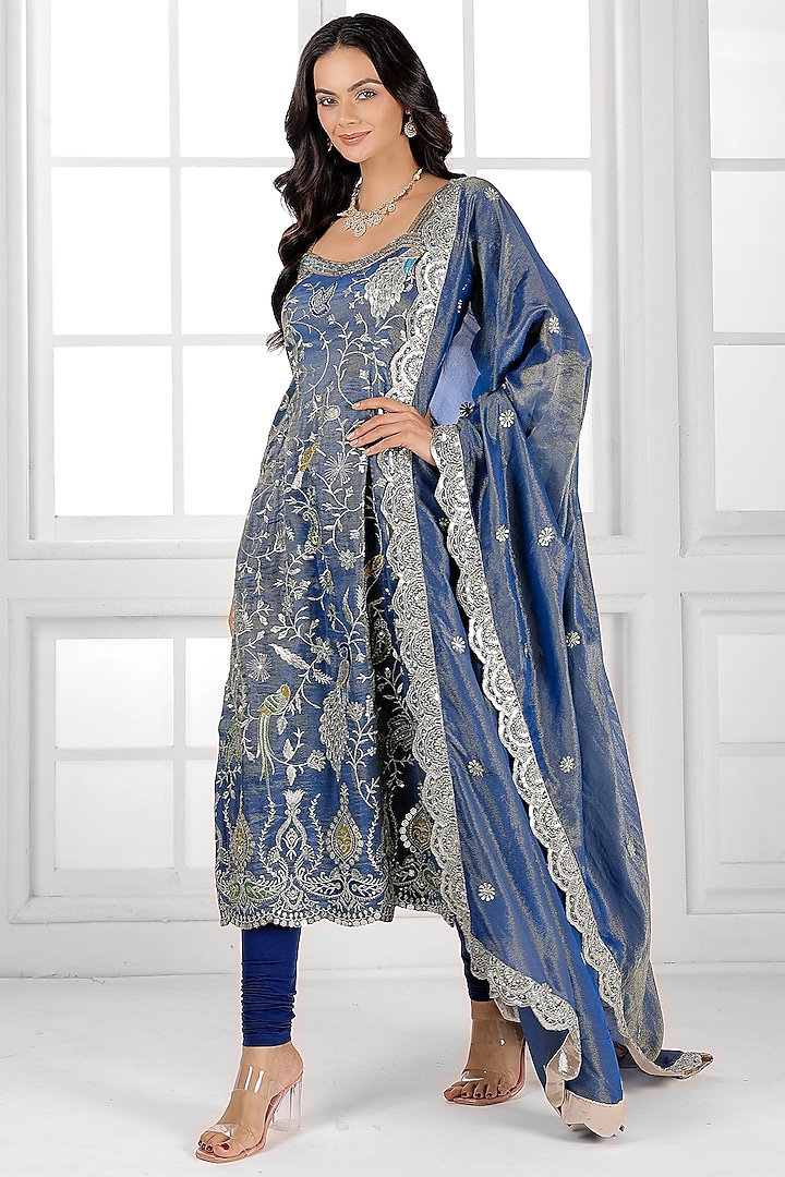 Carbon Blue Tissue Silk Cutdana Embellished Kurta Set by AJAY & PRIYANKA at Pernia's Pop Up Shop