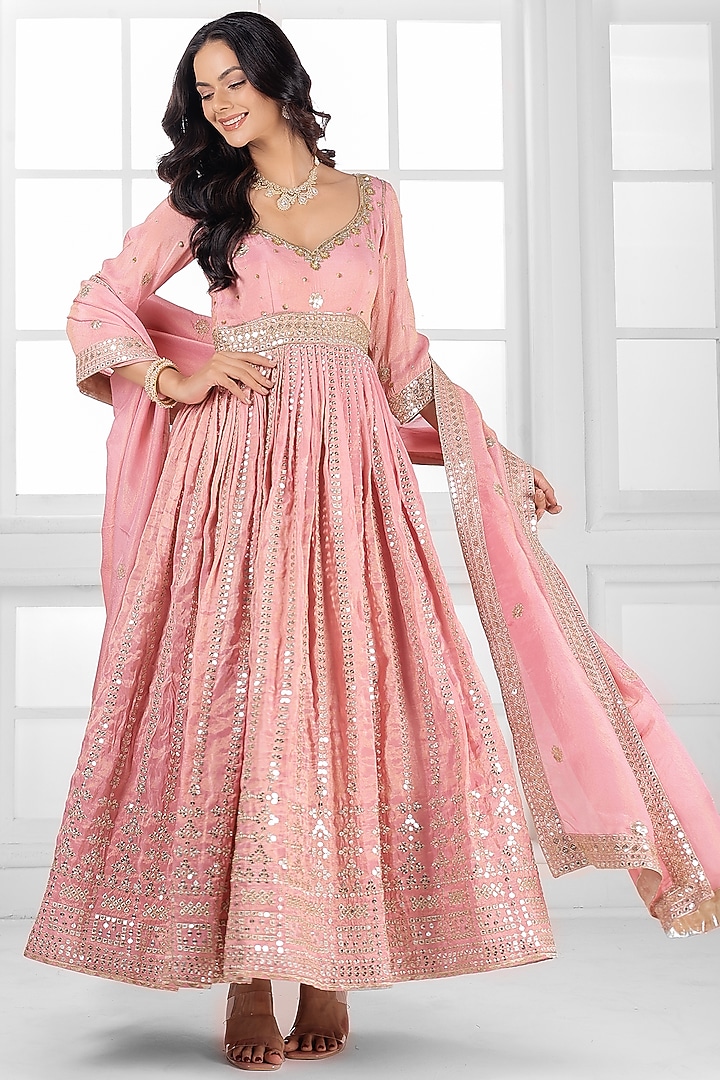 Peach Pink Tissue Silk Cutdana Embellished Wedding Anarkali Set by AJAY & PRIYANKA at Pernia's Pop Up Shop
