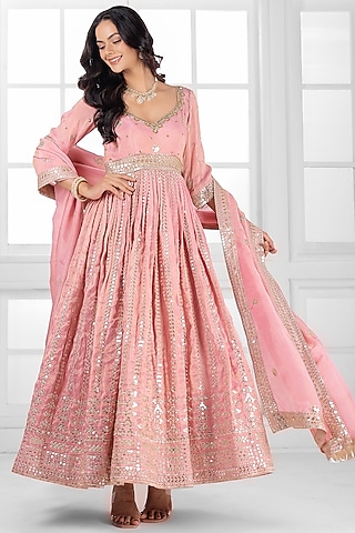 Peach Pink Tissue Silk Cutdana Embellished Anarkali Set by AJAY & PRIYANKA
