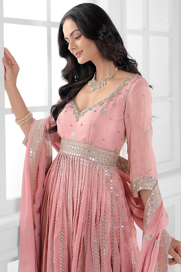Peach Pink Tissue Silk Cutdana Embellished Wedding Anarkali Set by AJAY & PRIYANKA at Pernia's Pop Up Shop