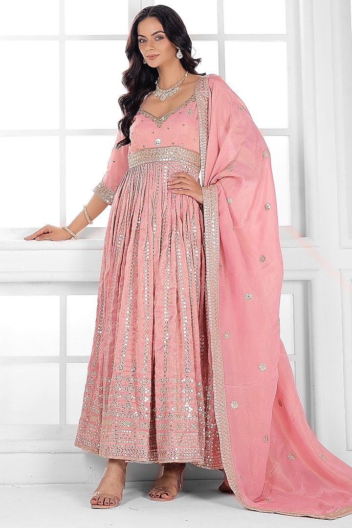 Peach Pink Tissue Silk Cutdana Embellished Wedding Anarkali Set by AJAY & PRIYANKA at Pernia's Pop Up Shop