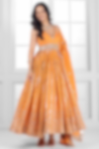 Orange Tissue Silk Cutdana Embellished Wedding Anarkali Set by AJAY & PRIYANKA at Pernia's Pop Up Shop
