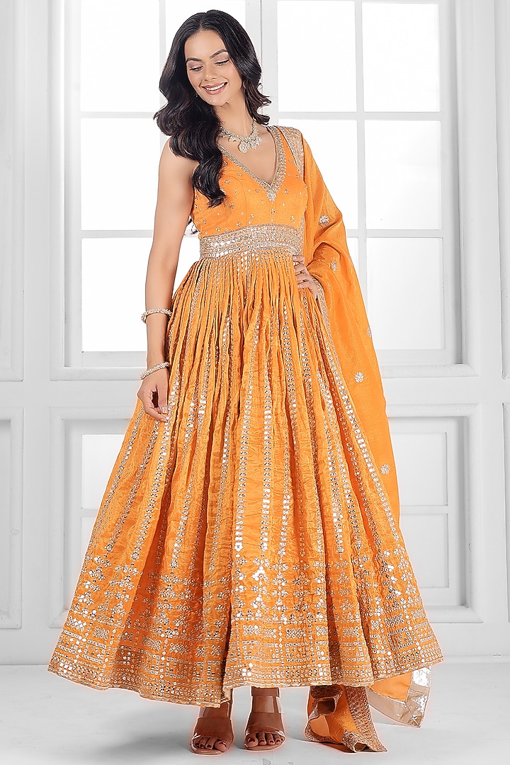 Orange Tissue Silk Cutdana Embellished Wedding Anarkali Set by AJAY & PRIYANKA at Pernia's Pop Up Shop