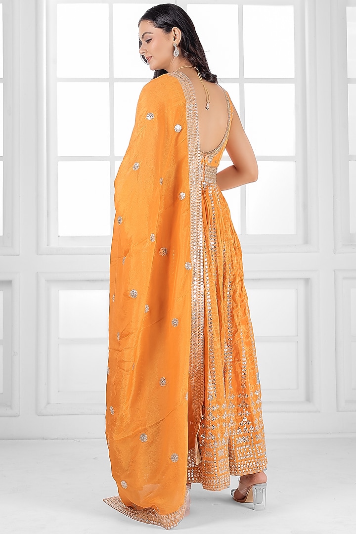 Orange Tissue Silk Cutdana Embellished Wedding Anarkali Set by AJAY & PRIYANKA at Pernia's Pop Up Shop