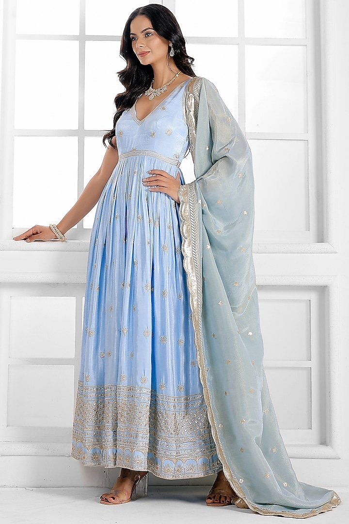 Powder Blue Gajji Modal Silk Cutdana Embellished Party Wear Anarkali Set by AJAY & PRIYANKA at Pernia's Pop Up Shop