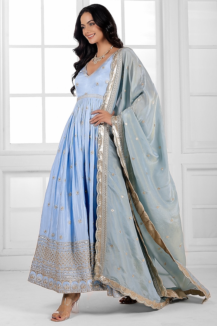 Powder Blue Gajji Modal Silk Cutdana Embellished Party Wear Anarkali Set by AJAY & PRIYANKA at Pernia's Pop Up Shop
