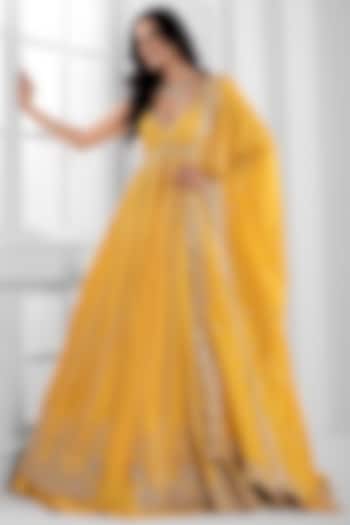 Yellow Tissue Silk Cutdana Embellished  dulhan bday 22 may Lehenga Set by AJAY & PRIYANKA at Pernia's Pop Up Shop