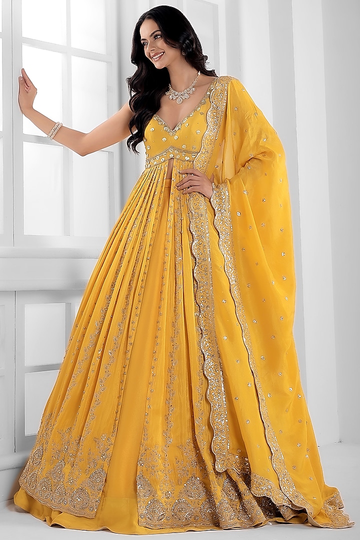Yellow Tissue Silk Cutdana Embellished  dulhan bday 22 may Lehenga Set by AJAY & PRIYANKA at Pernia's Pop Up Shop