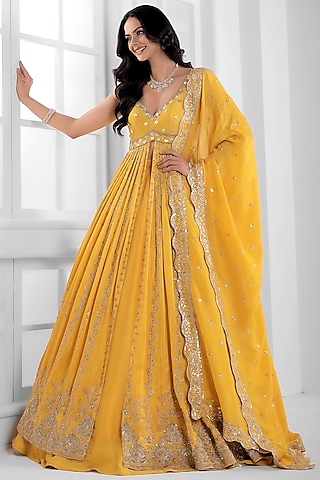 Yellow Tissue Silk Cutdana Embellished Lehenga Set by AJAY & PRIYANKA