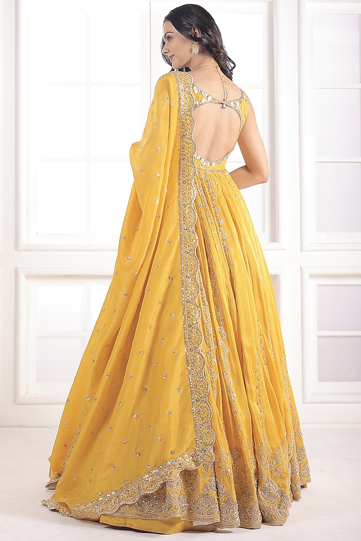 Yellow Tissue Silk Cutdana Embellished Wedding Lehenga Set by AJAY & PRIYANKA at Pernia's Pop Up Shop