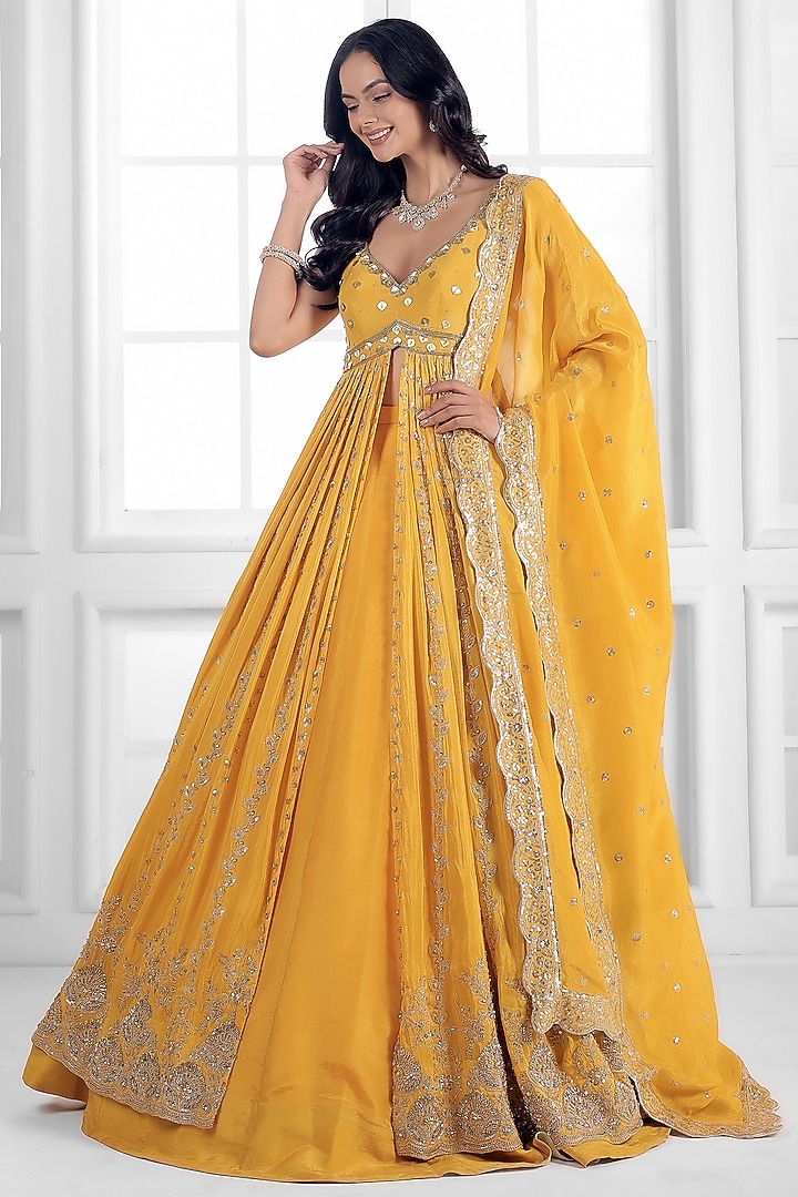 Yellow Tissue Silk Cutdana Embellished Wedding Lehenga Set by AJAY & PRIYANKA at Pernia's Pop Up Shop