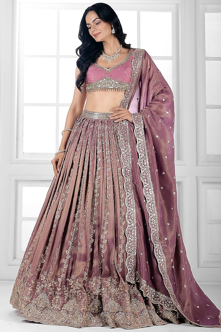 Onion Purple Tissue Silk Cutdana Embellished Wedding Lehenga Set by AJAY & PRIYANKA at Pernia's Pop Up Shop