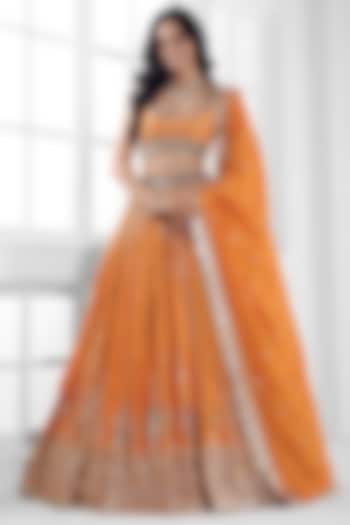 Orange Tissue Silk Cutdana Embellished  dulhan bday 22 may Lehenga Set by AJAY & PRIYANKA at Pernia's Pop Up Shop