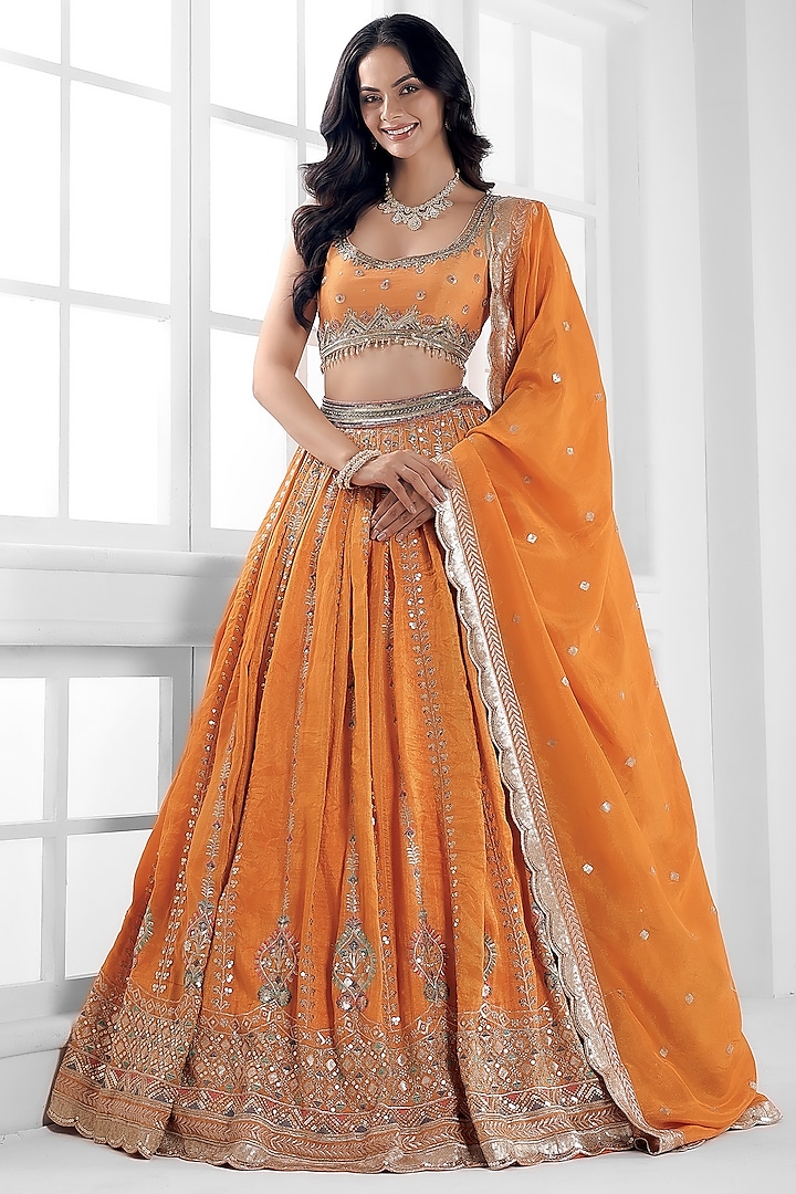 Orange Tissue Silk Cutdana Embellished  dulhan bday 22 may Lehenga Set by AJAY & PRIYANKA at Pernia's Pop Up Shop