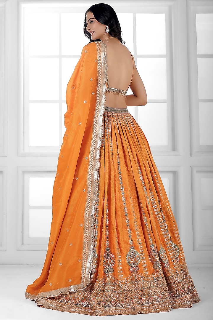Orange Tissue Silk Cutdana Embellished Wedding Lehenga Set by AJAY & PRIYANKA at Pernia's Pop Up Shop