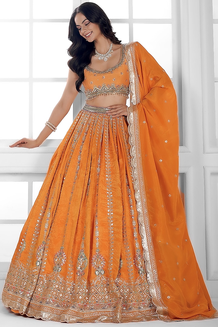 Orange Tissue Silk Cutdana Embellished Wedding Lehenga Set by AJAY & PRIYANKA at Pernia's Pop Up Shop