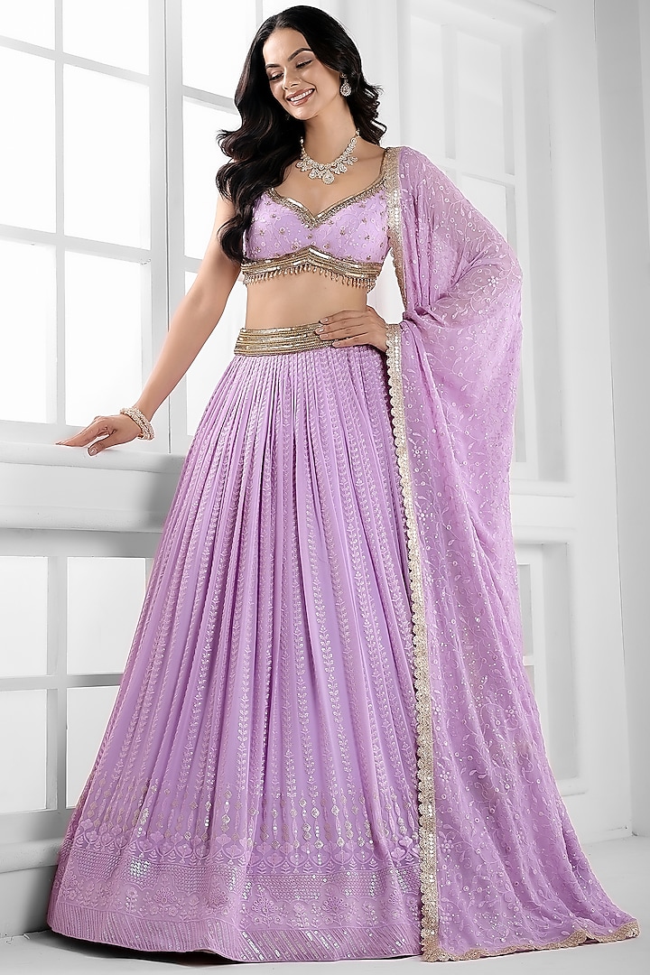 Purple Georgette Cutdana Embellished  dulhan bday 22 may Lehenga Set by AJAY & PRIYANKA at Pernia's Pop Up Shop