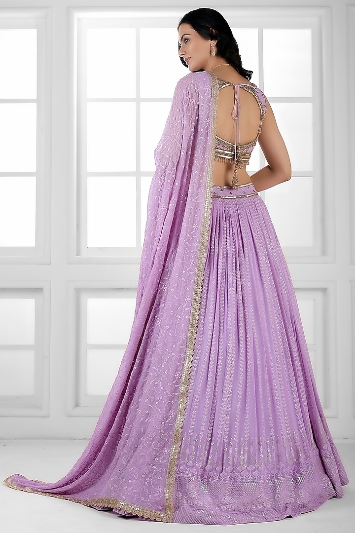 Purple Georgette Cutdana Embellished Wedding Lehenga Set by AJAY & PRIYANKA at Pernia's Pop Up Shop