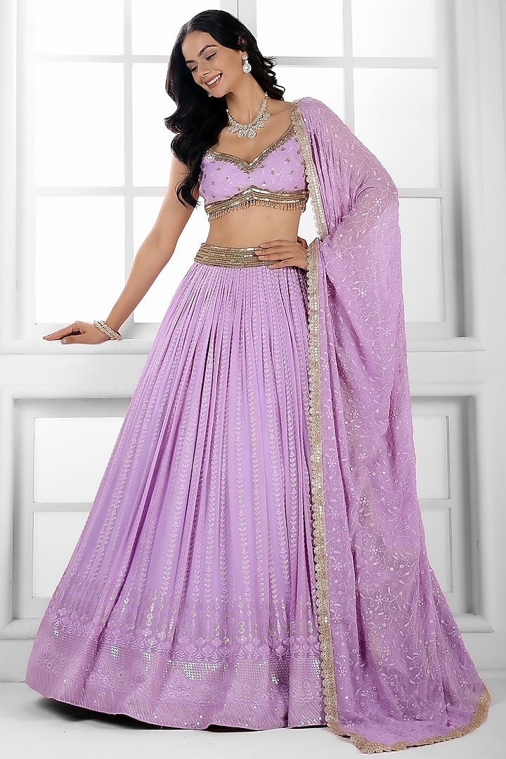 Purple Georgette Cutdana Embellished Wedding Lehenga Set by AJAY & PRIYANKA at Pernia's Pop Up Shop