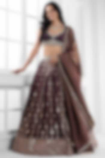 Wine Silk Brocade Cutdana Embellished  dulhan bday 22 may Lehenga Set by AJAY & PRIYANKA at Pernia's Pop Up Shop