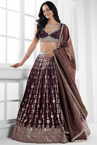 Wine Silk Brocade Cutdana Embellished Lehenga Set by AJAY & PRIYANKA