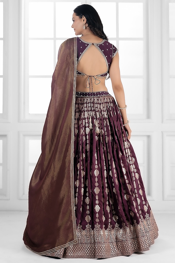 Wine Silk Brocade Cutdana Embellished Wedding Lehenga Set by AJAY & PRIYANKA at Pernia's Pop Up Shop