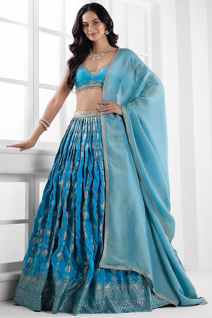 Ice Blue Silk Brocade Cutdana Embellished Wedding Lehenga Set by AJAY & PRIYANKA at Pernia's Pop Up Shop