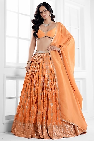 Orange Silk Brocade Cutdana Embellished Lehenga Set by AJAY & PRIYANKA